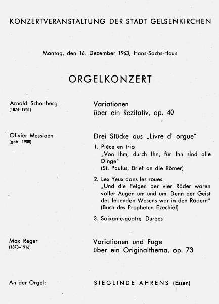 Programmheft zum Orgelkonzert mit Sieglinde Ahrens am 16.12.1963.