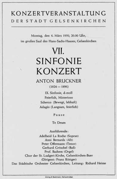 Programmzettel zum VII. Sinfonie-Konzert (Anton Bruckner: 9. Sinfonie) mit Hans Bachem an der Orgel, 06.03.1950.