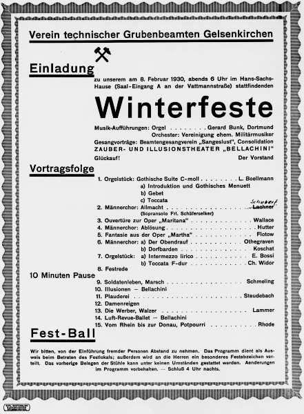 Programmzettel: Winterfest des "Verein technischer Grubenbeamten Gelsenkirchen" mit Gerard Bunk, Orgel, 08.02.1930. © Gerard-Bunk-Gesellschaft