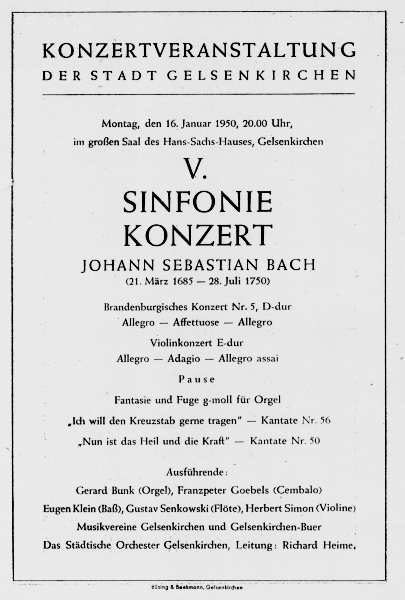 Programmzettel zum Fünfte Sinfoniekonzert der Stadt Gelsenkirchen mit Gerard Bunk an der Orgel, 16.01.1950.