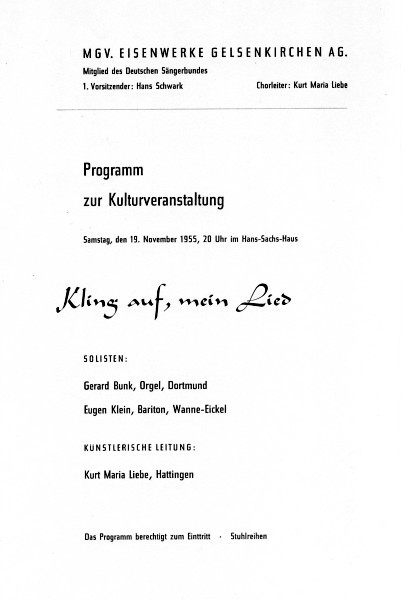 Programmzettel zur Kulturveranstaltung "Kling auf, mein Lied" des MGV. Eisenwerke Gelsenkirchen AG mit Gerard Bunk an der Orgel, 19.11.1955.