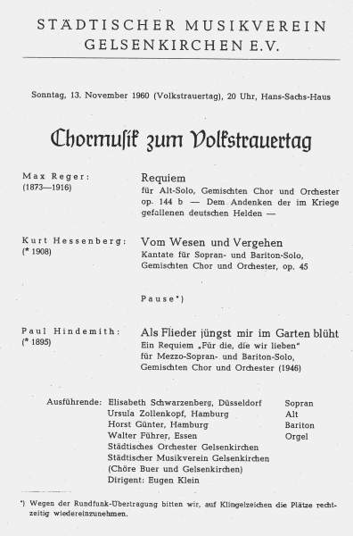 Programmheft zum Konzert des Stdtischen Musikvereins mit Walter Fhrer an der Orgel am 13.11.1960.