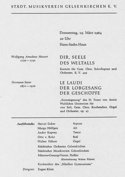 Programmheft zum Konzert des Stdtischen Musikvereins mit Walter Fhrer an der Orgel am 19.03.1964.