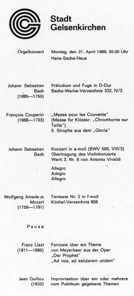 Programmzettel zum Orgelkonzert mit Jean Guillou am 21.04.1969.