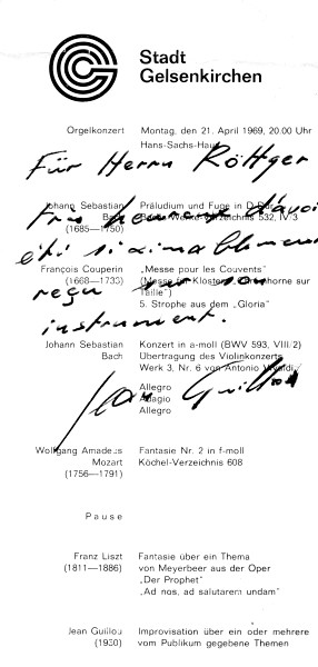 Programmzettel zum Orgelkonzert mit Jean Guillou am 21.04.1969 mit Widmung des Komponisten.