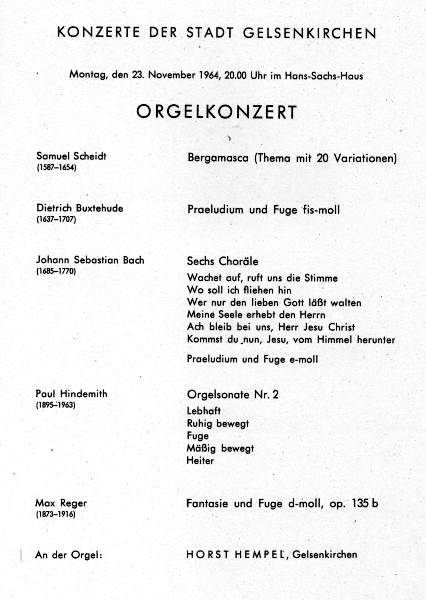 Programmheft zum Orgelkonzert mit Horst Hempel am 23.11.1964.