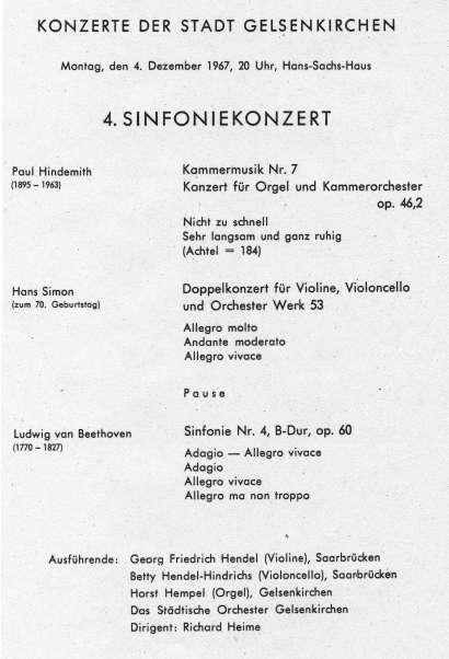 Programmheft zum 4. Sinfoniekonzert mit Horst Hempel an der Orgel am 04.12.1967.