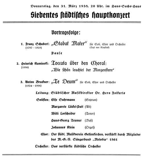 Programmzettel zum stdtichen Hauptkonzert am 31.03.1938 mit Johannes Klein an der Orgel.