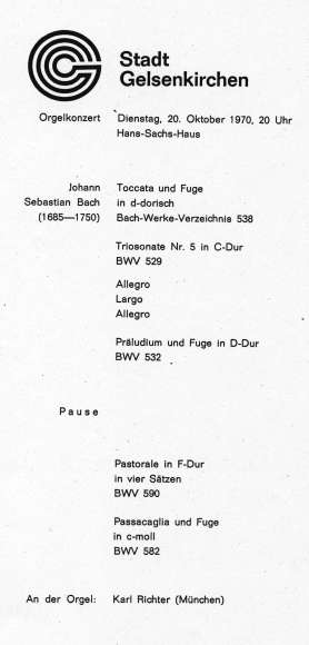 Programmzettel zum Orgelkonzert mit Karl Richter am 20.10.1970.