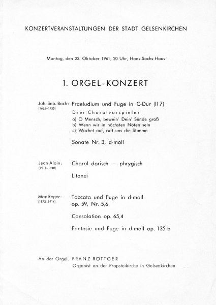 Programmzettel zum Orgelkonzert mit Franz Rttger am 23.10.1961.