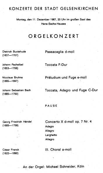 Programmheft zum Orgelkonzert mit Michael Schneider am 11.12.1967.