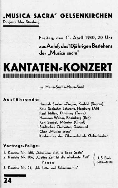 Programmzettel: Kantaten-Konzert aus Anlass des 10jhrigen Bestehens der "Musica sacra" mit Karl Seubel an der Orgel, 11.04.1930.