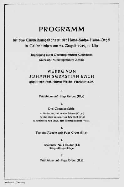 Programmzettel zum Einweihungskonzert der Hans-Sachs-Haus-Orgel in Gelsenkirchen am 23. August 1949 mit Helmut Walcha an der Orgel.